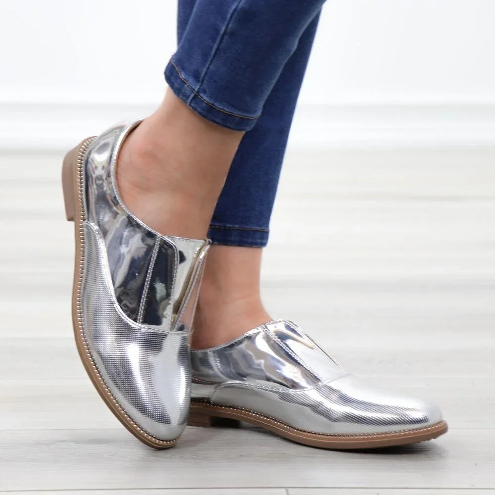 Silver Patent Flat Slip On Oxford Loafers - Picture 1 of 15